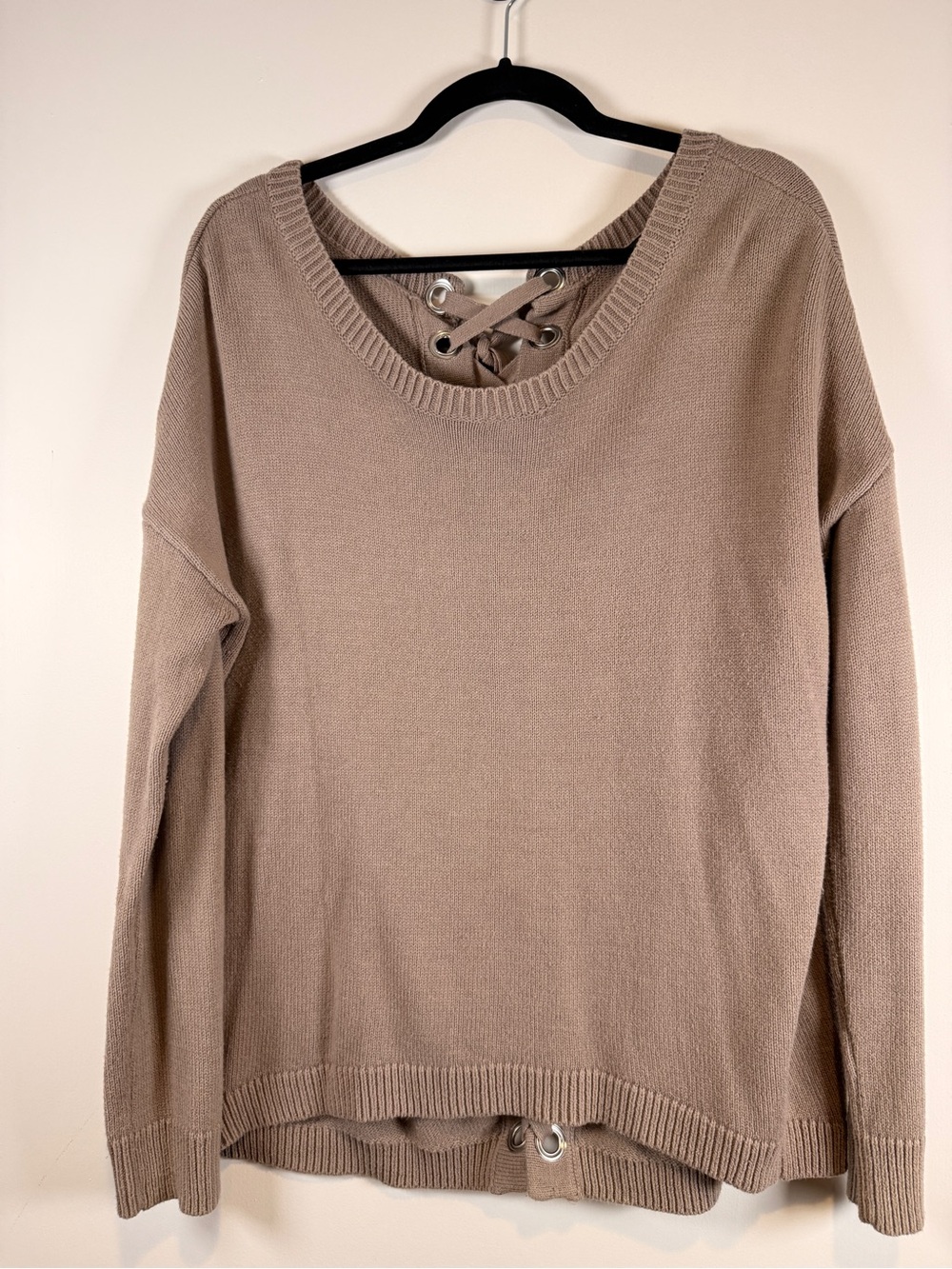 Express Taupe Lace-Up Back Crewneck Sweater - Picture 1 of 7
